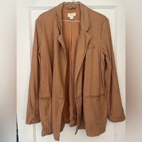 Anthropologie Maeve Linen Oversized Relaxed Tan Double-Breasted Blazer Size 10 - Picture 2 of 5